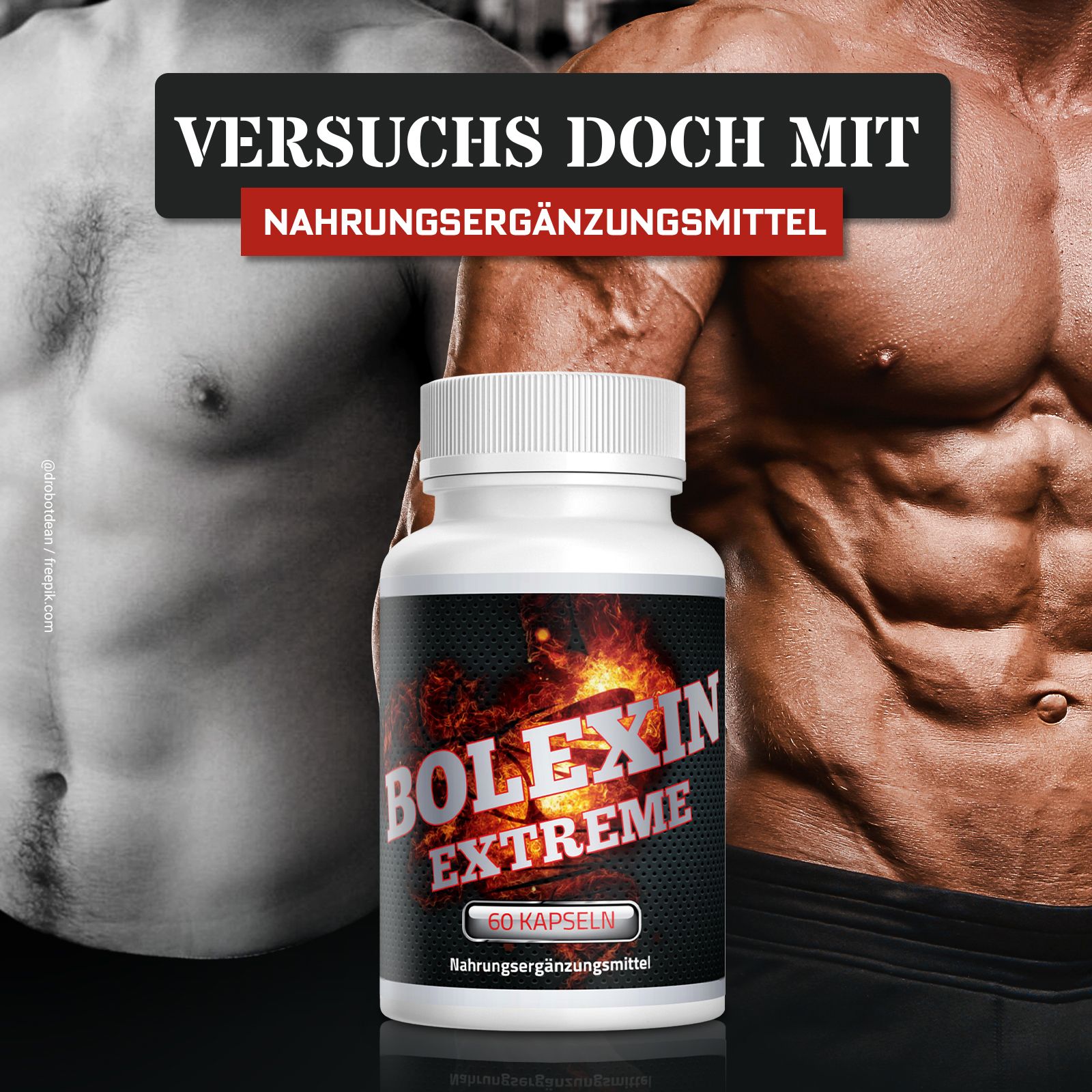 Weiße Flasche mit schwarzem Etikett. Aufschrift: BOLEXIN EXTREME, 60 Kapseln. Text: Nahrungsergänzungsmittel. Hintergrund: muskulöser Mann.