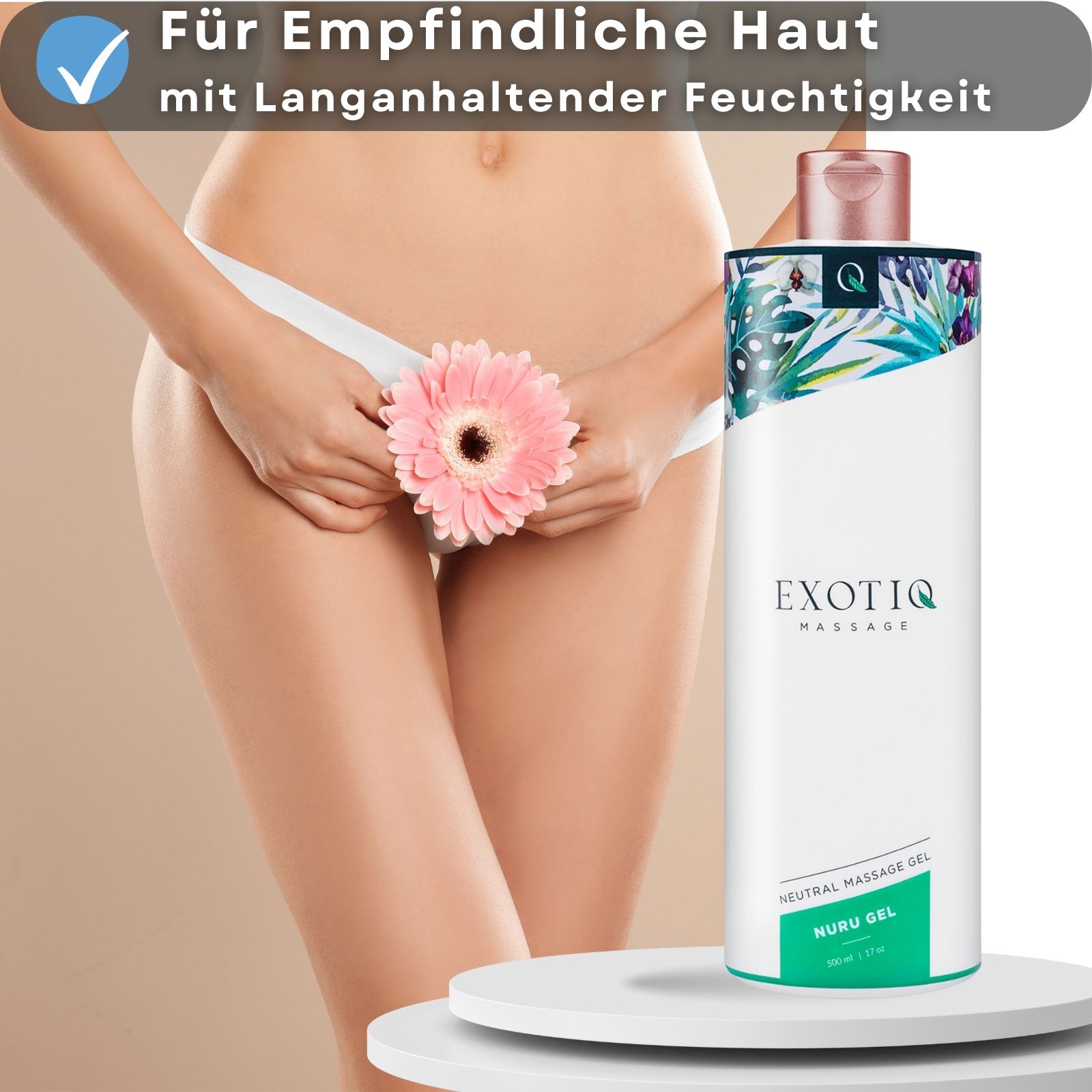 Frau mit Blüte. Flasche mit weißem Etikett. Aufschrift: EXOTIQ MASSAGE. Rosa Deckel. Floralmuster.