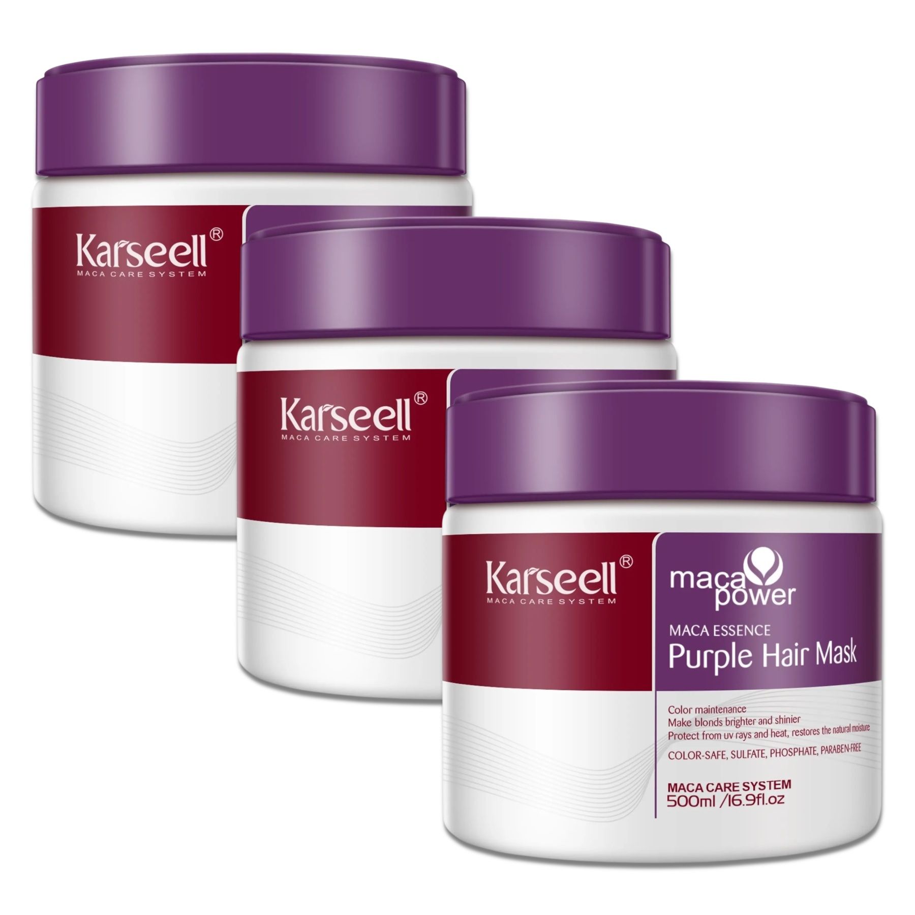 Drei Karseell Haarmasken in lila Behältern. Text: Maca Essence Purple Hair Mask. 500ml/16.9fl.oz. Farbpflege. Für blondes, blondiertes, graues Haar.