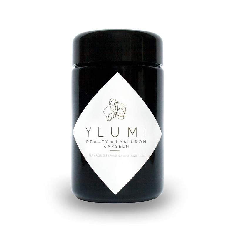 Schwarze Dose mit weißem Etikett. Aufschrift: YLUMI BEAUTY x HYALURON KAPSELN. Nahrungsergänzungsmittel.
