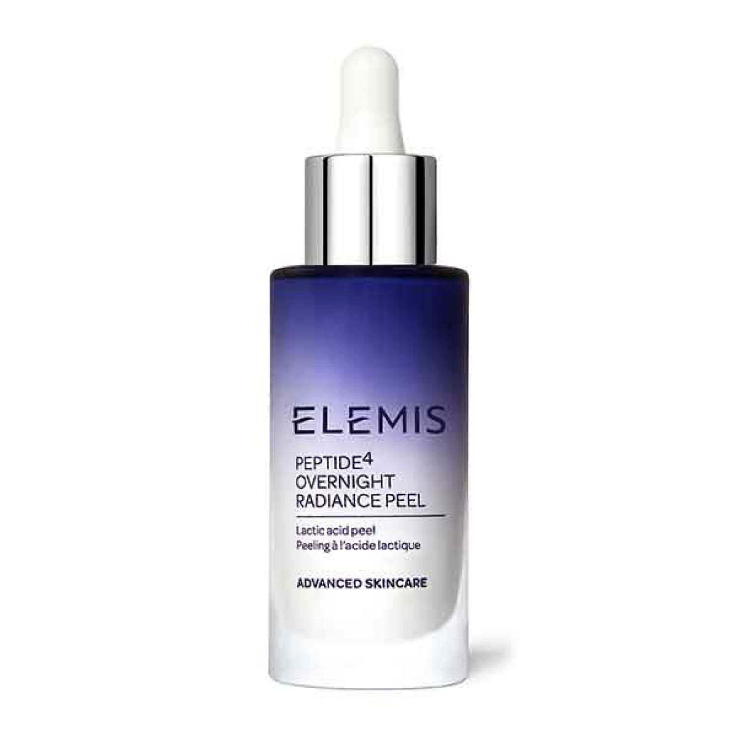 Flasche mit Pipette. Elemis Peptide4 Overnight Radiance Peel. Farbverlauf von Blau nach Weiß. Text: Lactic acid peel.