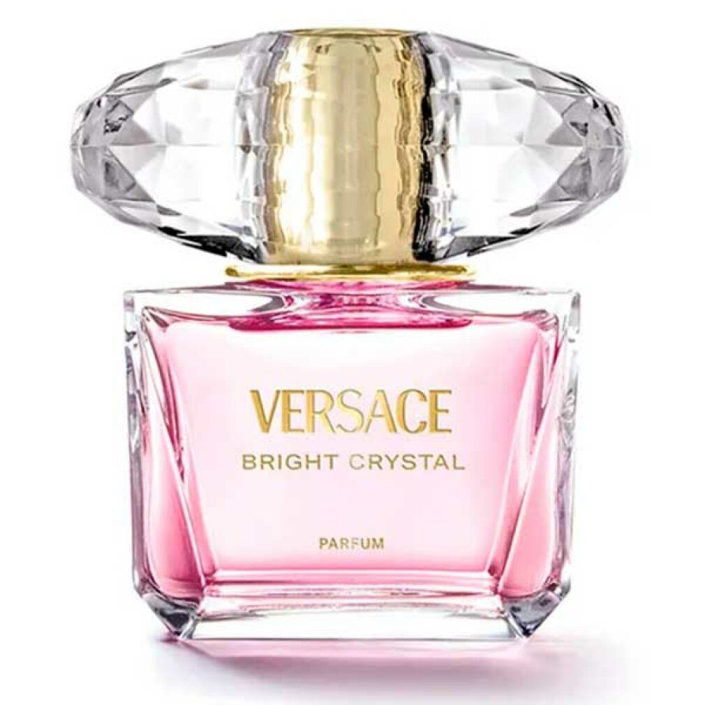 Versace Bright Crystal Parfum Flakon mit rosa Flüssigkeit und facettiertem Deckel.