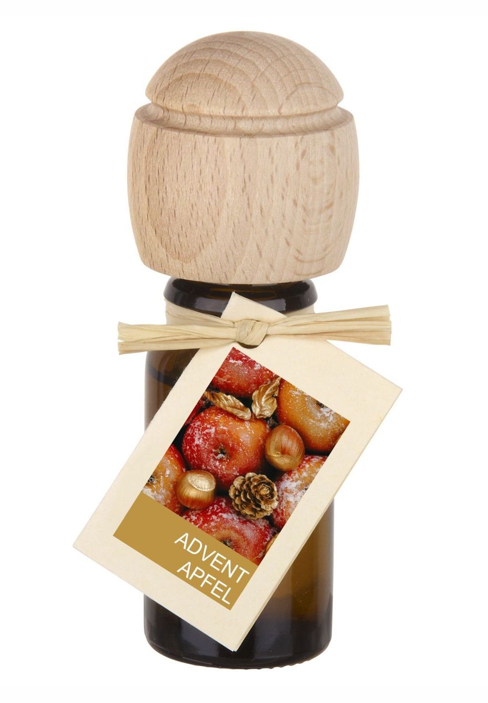 Braune Glasflasche mit Holzverschluss und Anhänger. Aufschrift: Advent Apfel. Dekoration mit Äpfeln.