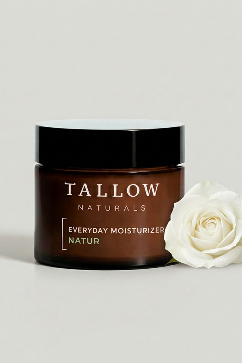 Braune Tiegel mit schwarzem Deckel. Aufschrift: Tallow Naturals, Everyday Moisturizer Natur. Weiße Rose daneben.
