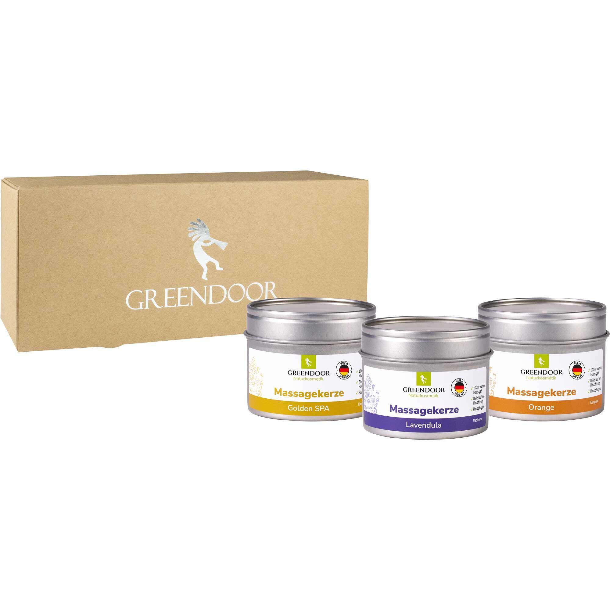 GREENDOOR Geschenk Set mit drei Massagekerzen in Dosen: Golden SPA, Lavendula und Orange.