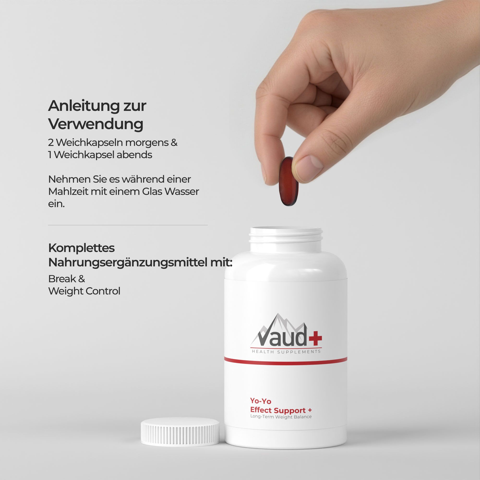 Hand legt Kapsel in Flasche. Text: Anleitung zur Verwendung. Vaud+ Logo. Yo-Yo Effect Support + Long-Term Weight Balance.