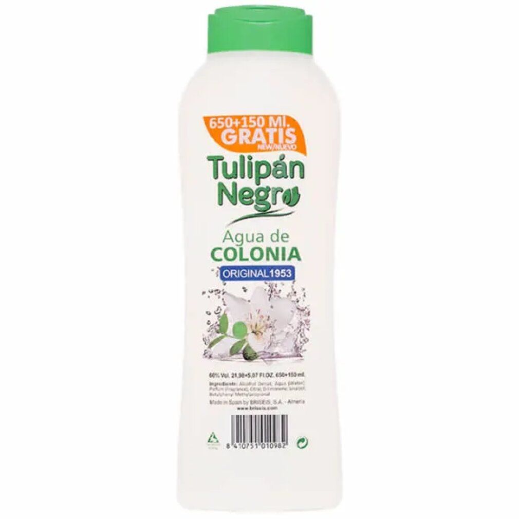 Weiße Flasche mit grünem Deckel. Aufschrift: Tulipán Negro Agua de Colonia Original 1953. Gratis-Hinweis.