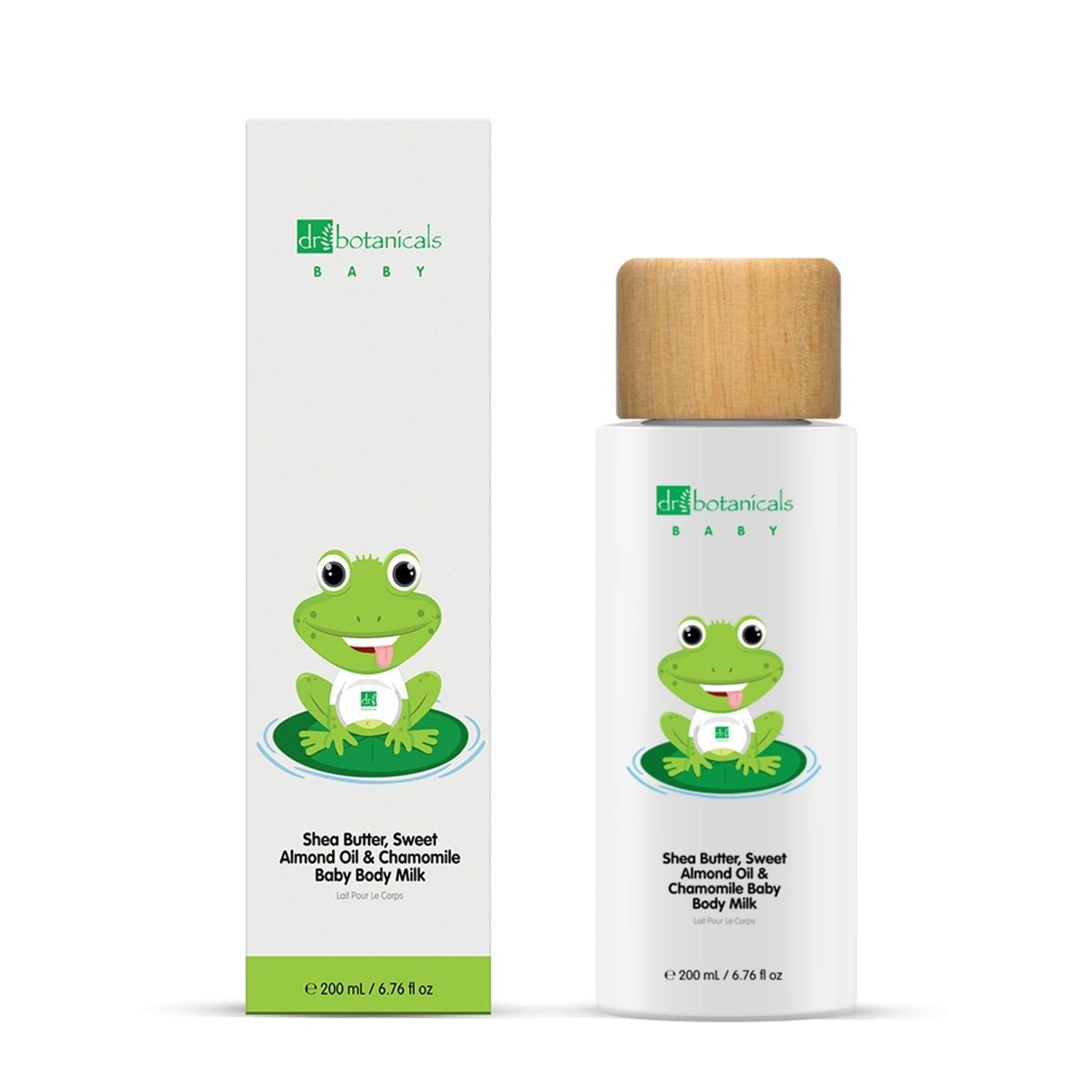 Produktflasche und Verpackung. Flasche mit Holzdeckel, Frosch-Illustration. Verpackung mit Produktname und Inhaltsstoffen.