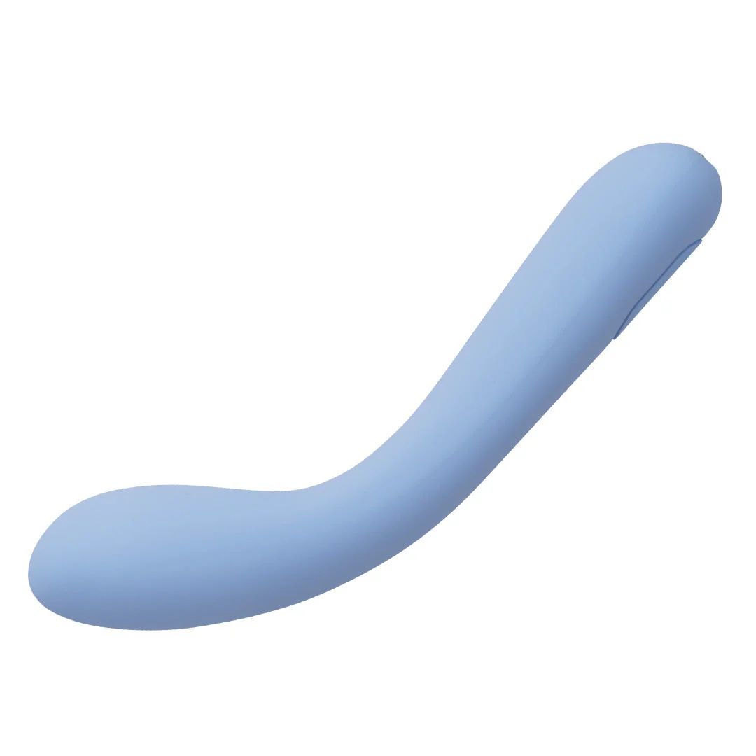 Hellblaues, gebogenes Wellness-Produkt. Glatte Oberfläche, ergonomische Form. Ein Ende abgerundet, das andere schmaler.