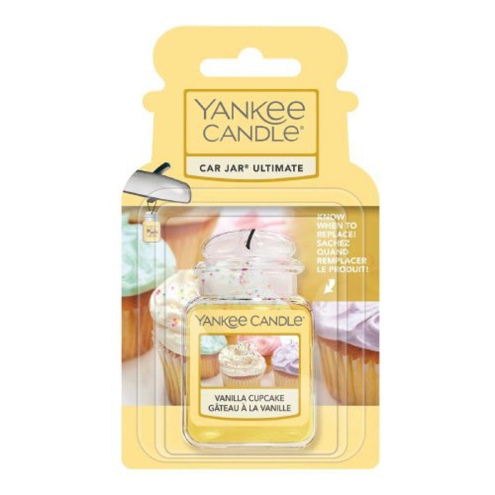 Yankee Candle Car Jar Ultimate, Vanille Cupcake. Gelbes Glas mit Aufhängung. Aufschrift: Vanilla Cupcake, Gâteau à la Vanille.