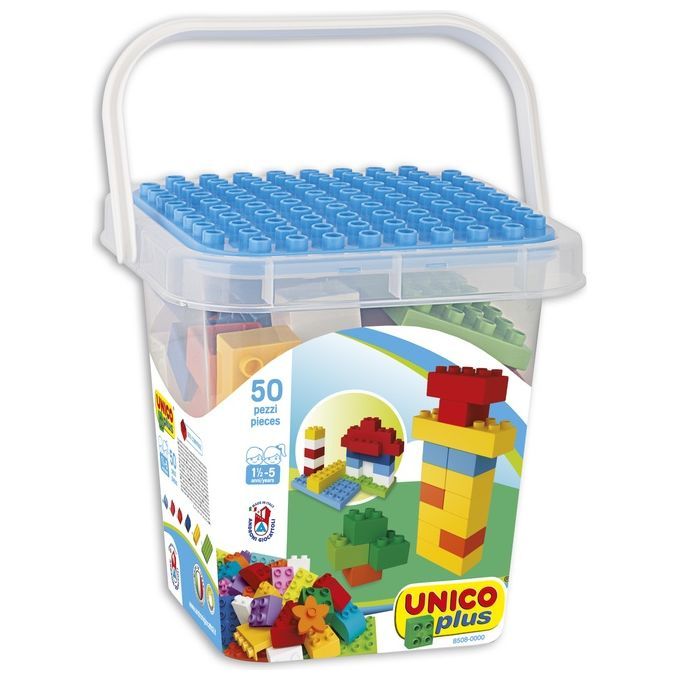 Un secchio di mattoncini colorati UNICO Plus, contenente 50 pezzi. Il secchio ha un coperchio blu e un manico. Sulla confezione sono raffigurati esempi di costruzioni, adatti a bambini da 1 a 5 anni.