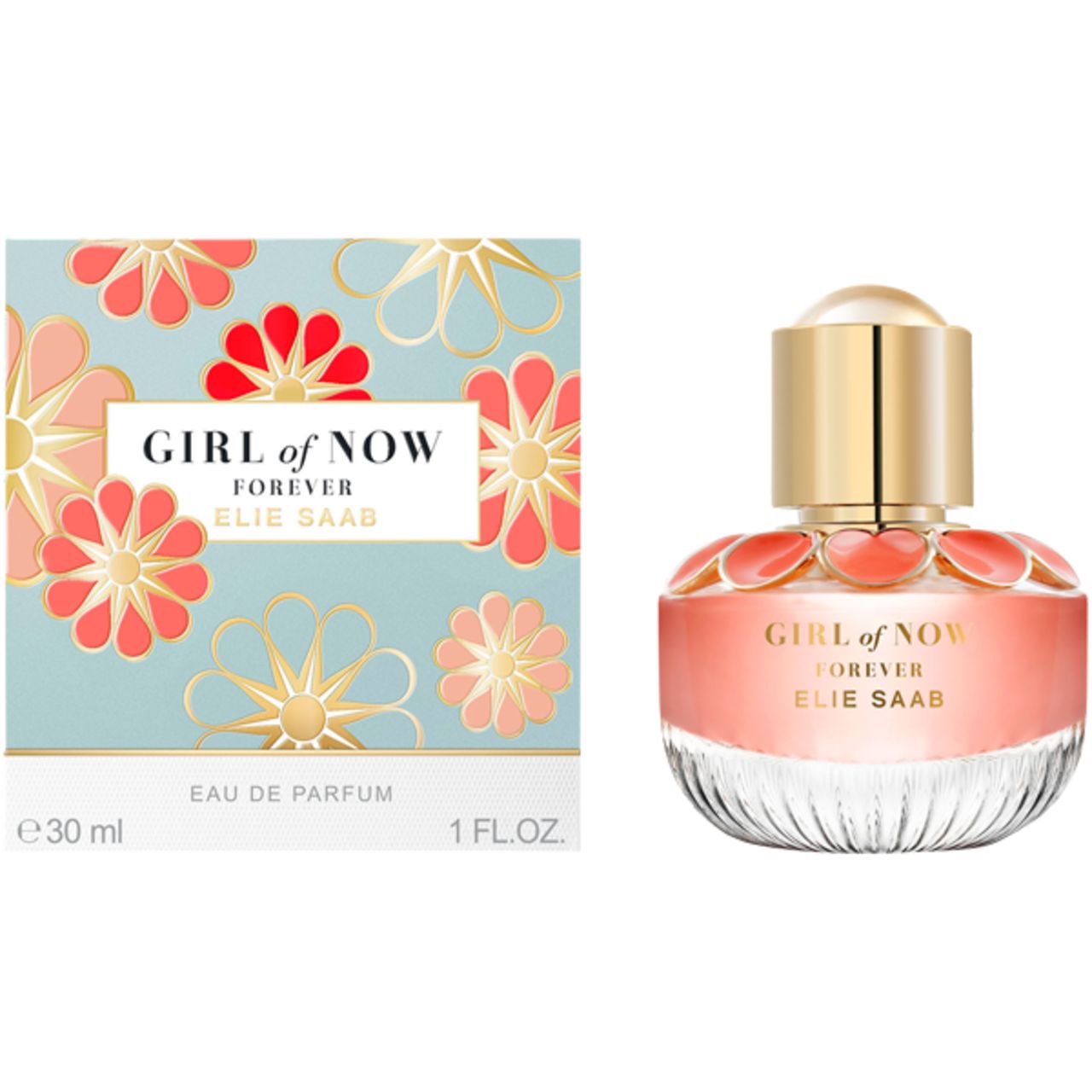 Parfümflakon mit goldfarbenem Verschluss und rosa Flüssigkeit. Aufschrift: Girl of Now Forever, Elie Saab. Neben einer Schachtel mit Blumenmuster.