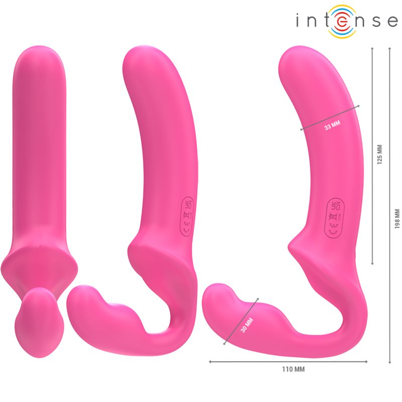 Rosa Doppelvibrator in drei Ansichten. Abmessungen: 198 mm hoch, 110 mm breit, 33 mm und 30 mm. Produktname nicht sichtbar.