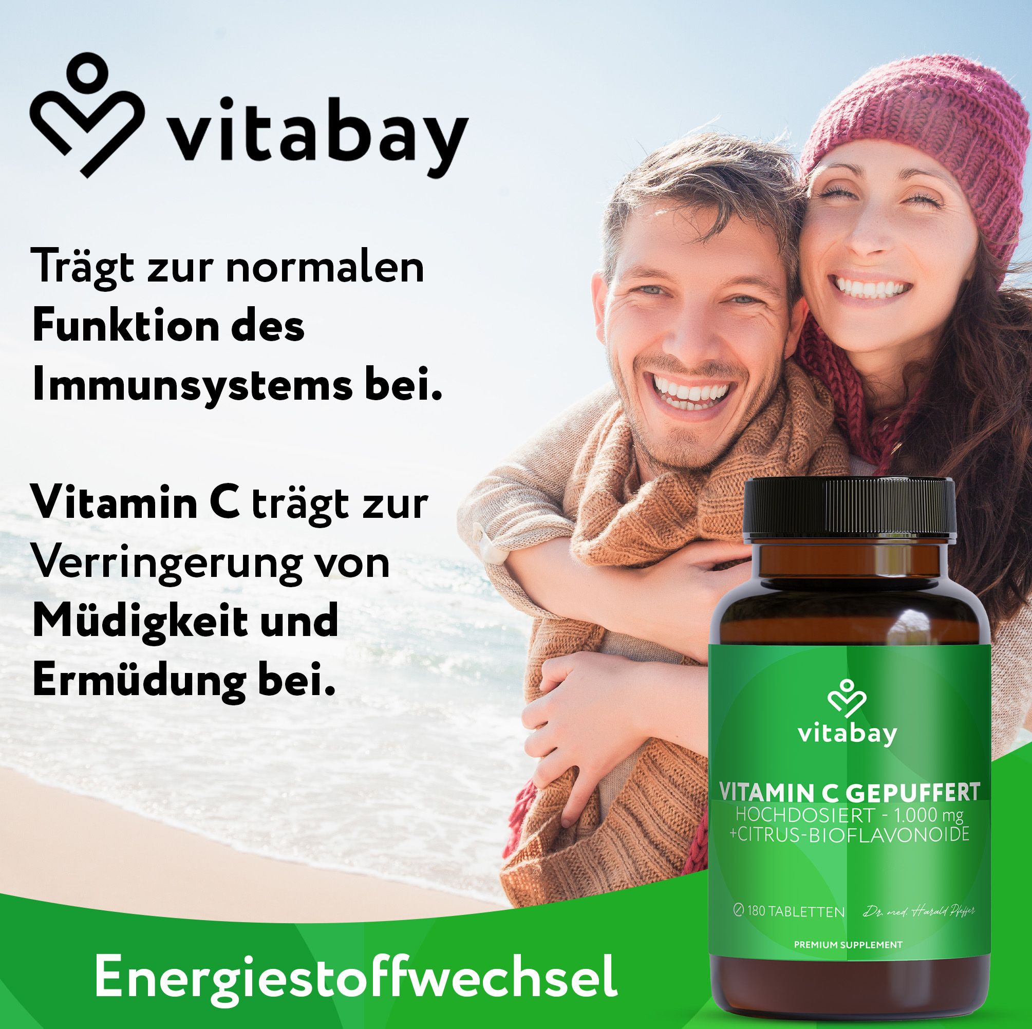Paar mit Flasche. Aufschrift: Vitamin C gepuffert. Trägt zur normalen Funktion des Immunsystems bei.