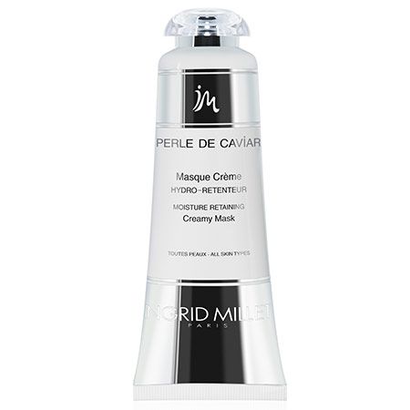 Weiß-silberne Tube mit transparentem Deckel. Text: PERLE DE CAVIAR, Masque Crème, HYDRO-RETENTEUR, MOISTURE RETAINING, Creamy Mask. Marke: INGRID MILLET.
