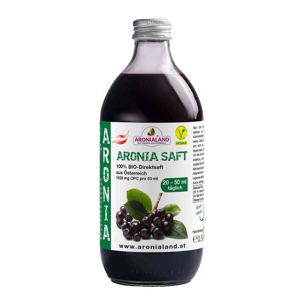 Flasche ARONIALAND Bio Aronia Direktsaft, 100% Bio, aus Österreich, mit Aroniabeeren-Abbildung.