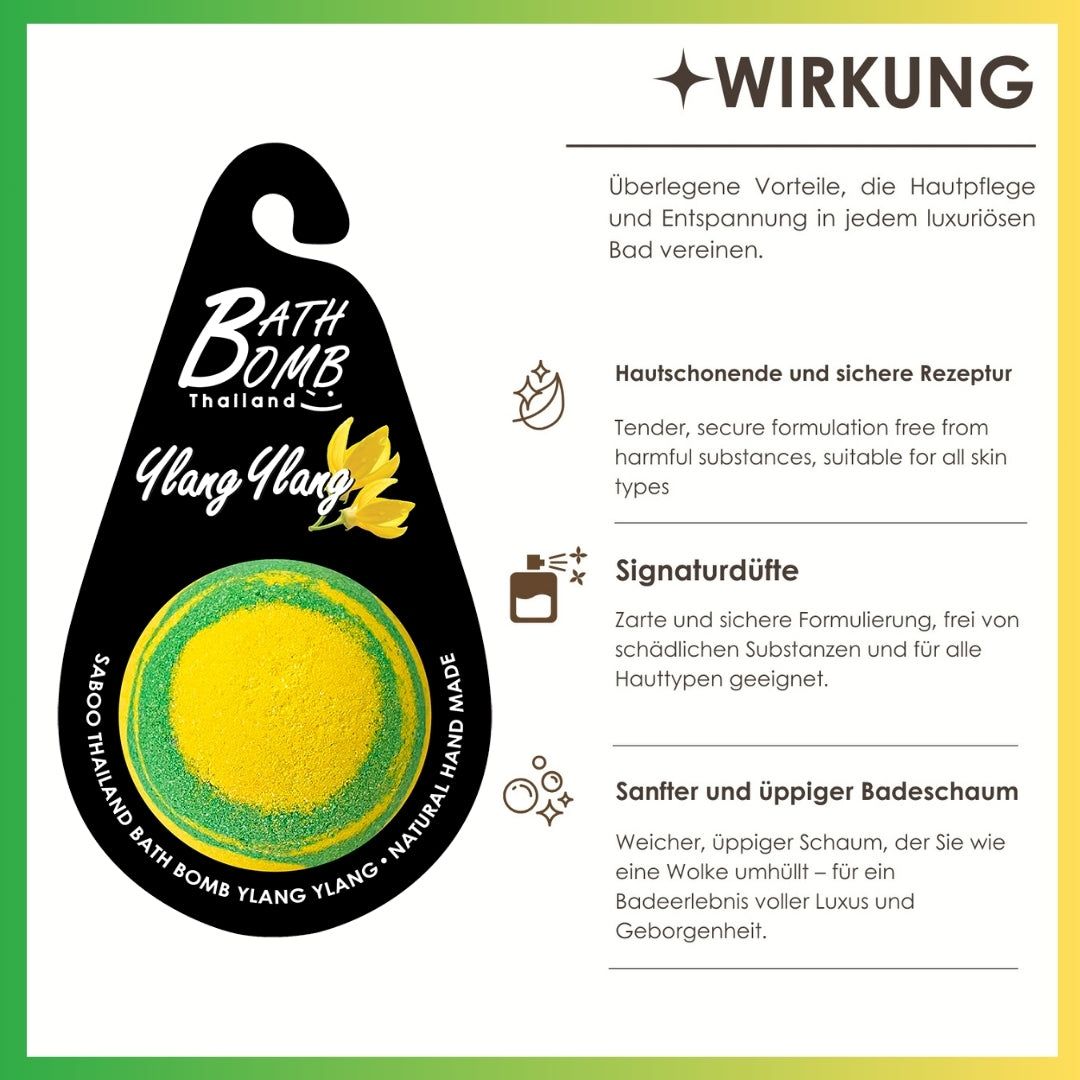 Ylang Ylang Bad Bombe mit Anhänger. Text: Wirkung. Illustrationen: Hautschonend, Signaturdüfte, sanfter Badeschaum.