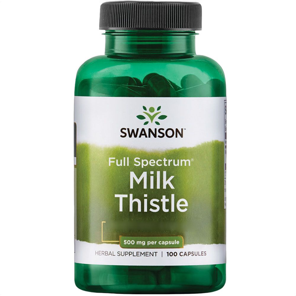 Grüne Flasche mit Swanson Vollspektrum Mariendistel-Kapseln, 500 mg pro Kapsel, 100 Kapseln.