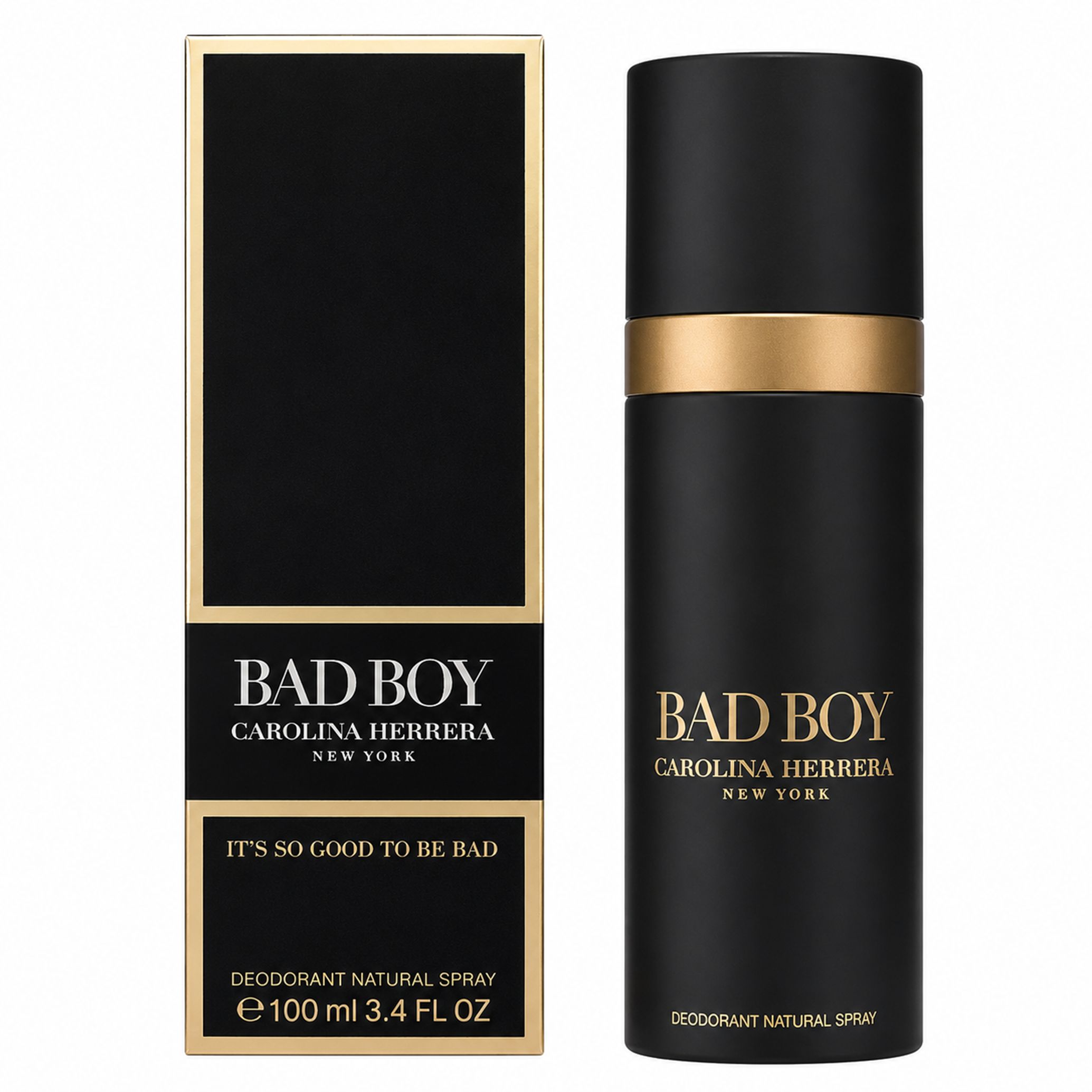 Schwarzer Deospray-Flakon und Verpackung mit goldenen Akzenten und "Bad Boy"-Logo.
