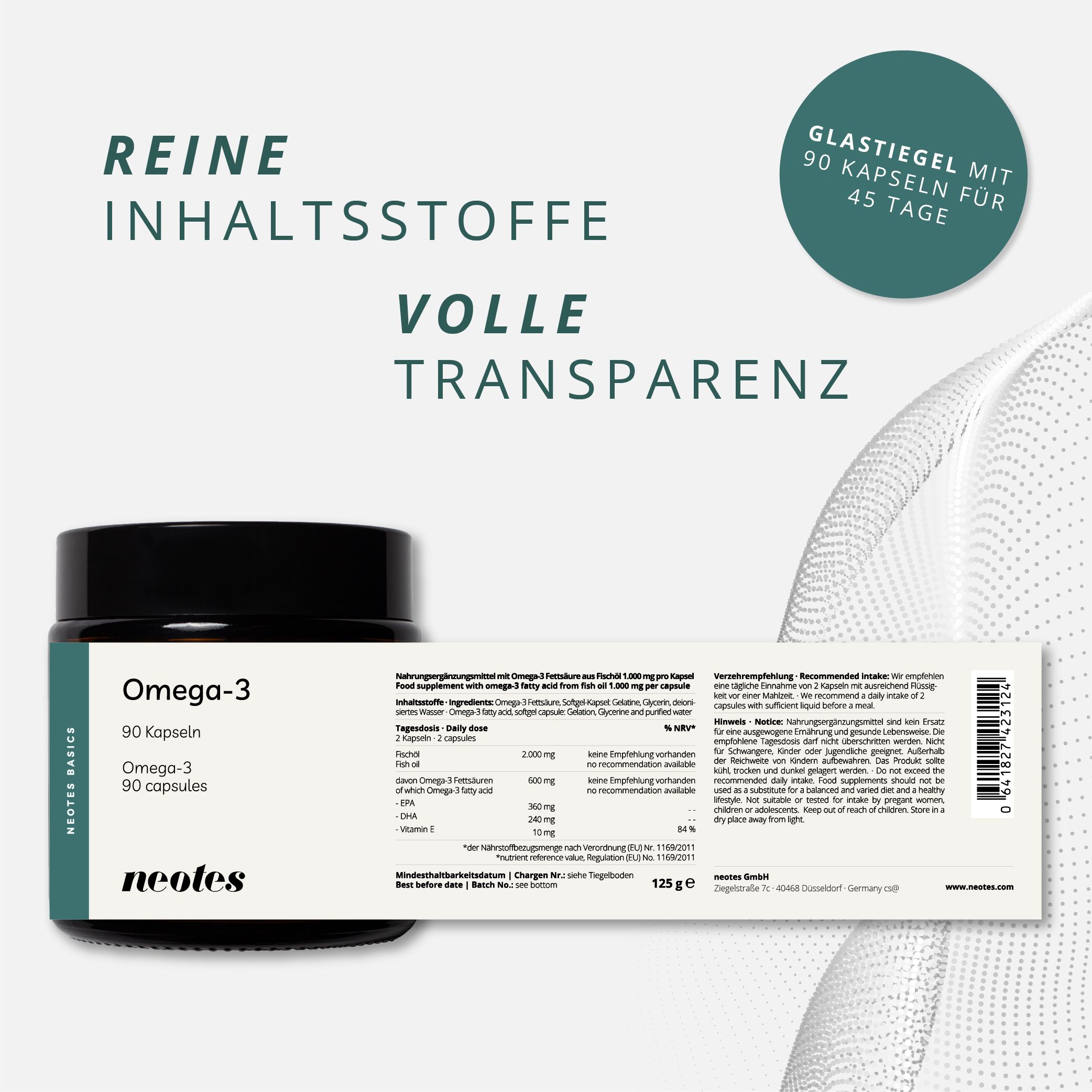 Glasbehälter mit Omega-3 Kapseln und Packungsbeilage. Text: Reine Inhaltsstoffe, volle Transparenz. Aufschrift: 90 Kapseln.