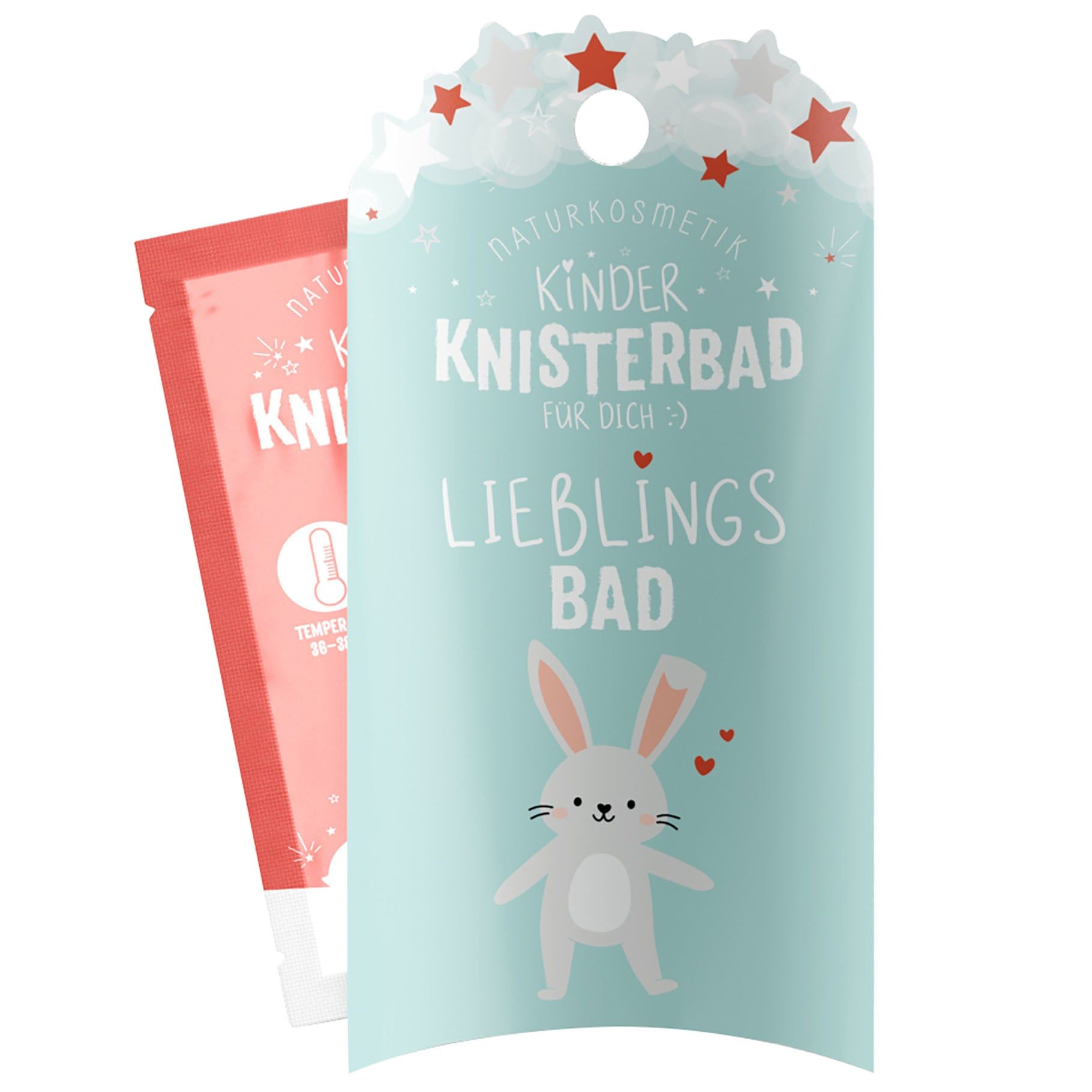 Lichtblauw etiket met konijnillustratie en tekst: Kinder Knisterbad, Lieblingsbad. Rood zakje ernaast.