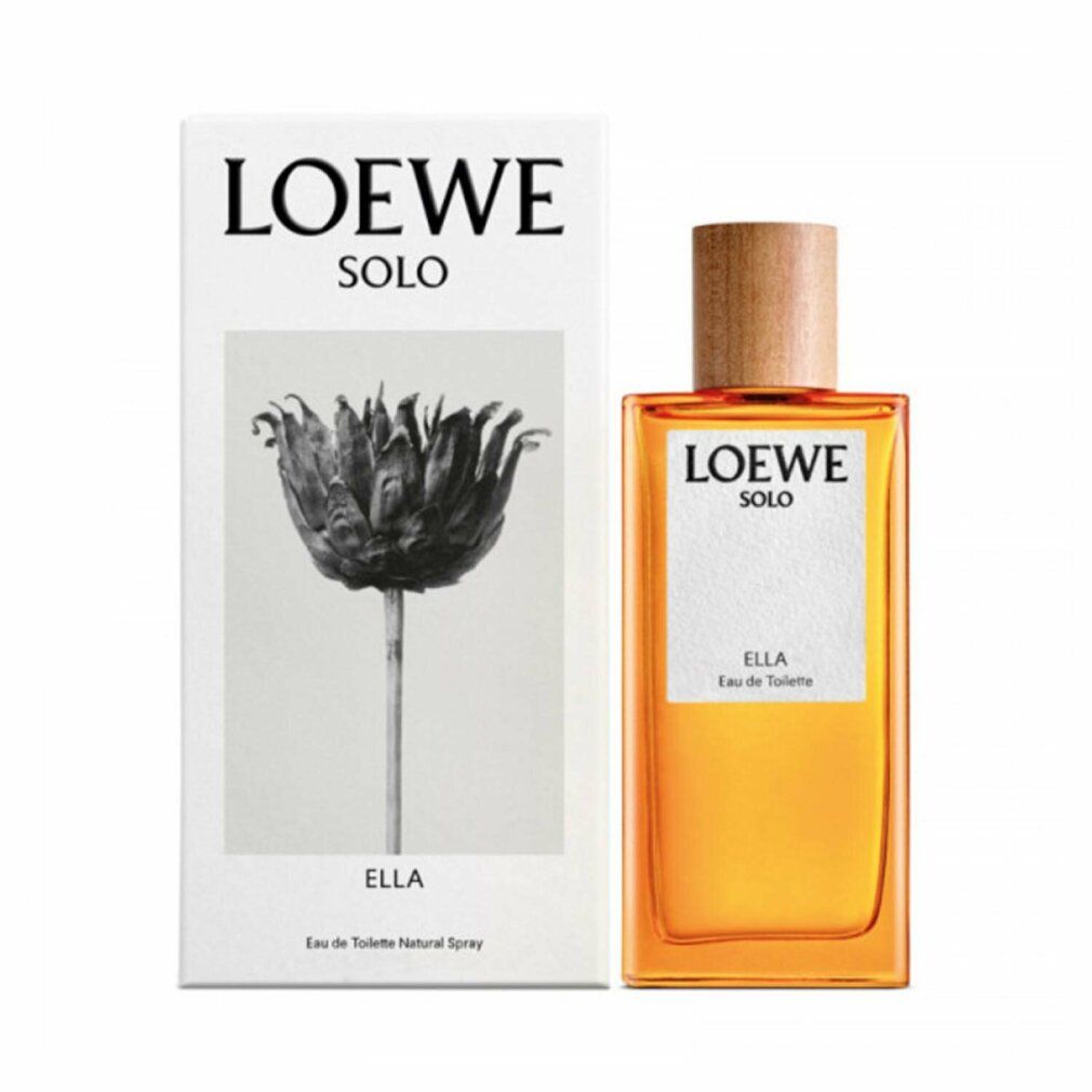 Flakon und Verpackung. Flakon rechteckig, Holzverschluss. Verpackung weiß mit Blume. Aufschrift: LOEWE SOLO ELLA.