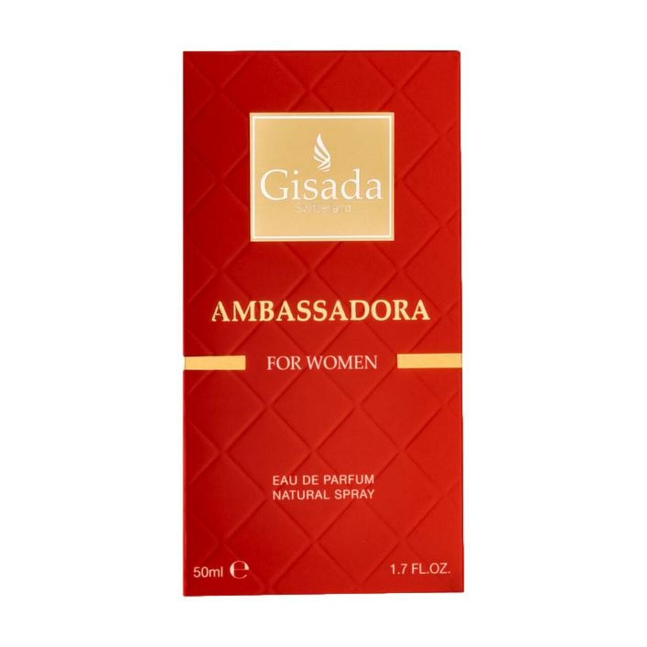 Rote rechteckige Verpackung mit goldfarbenem Logo und Schriftzug "Ambassadora". Text: "Eau de Parfum".