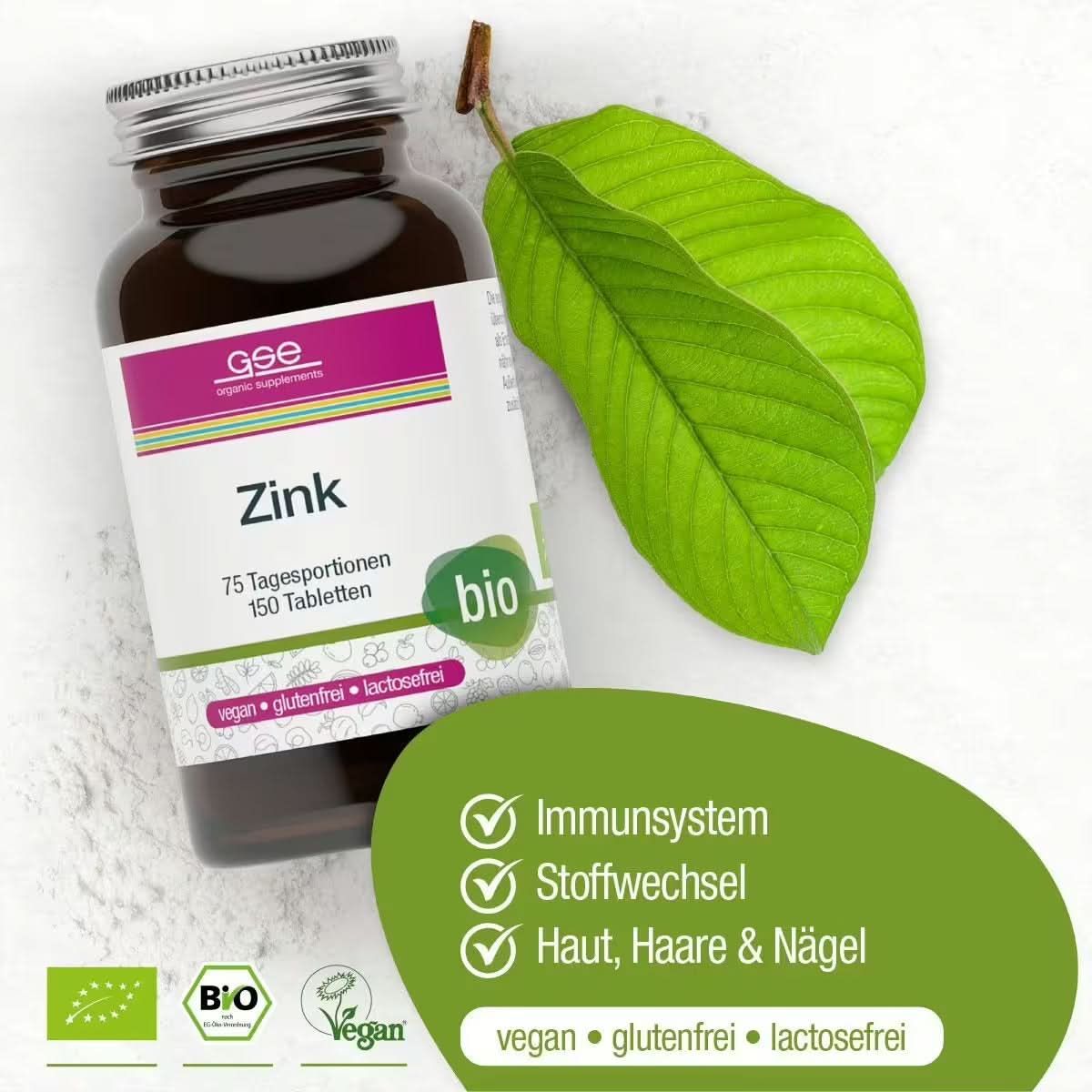 Braune Glasflasche "Zink" mit "bio"-Siegel. 75 Tagesportionen, 150 Tabletten. Vegan, glutenfrei, laktosefrei. Blätter im Hintergrund.