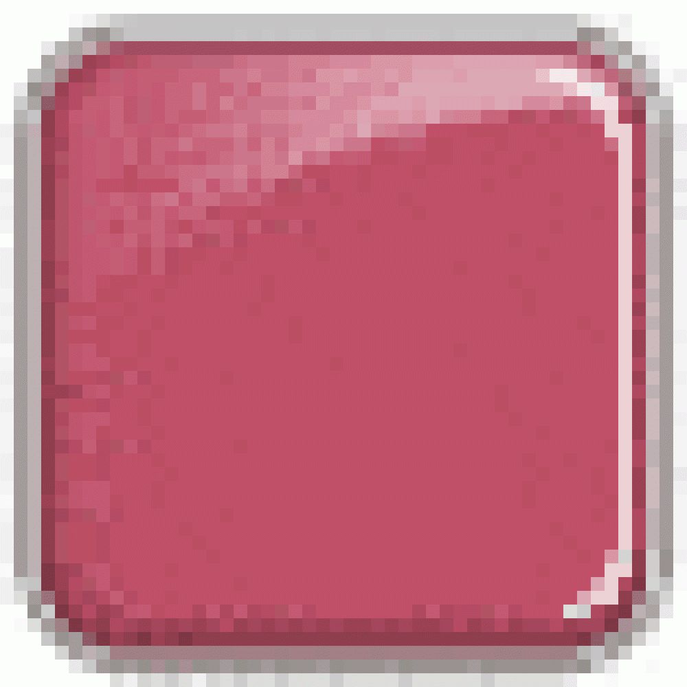 Quadratische, rote Lippenstiftfarbe, abgerundete Ecken, silberner Rahmen.