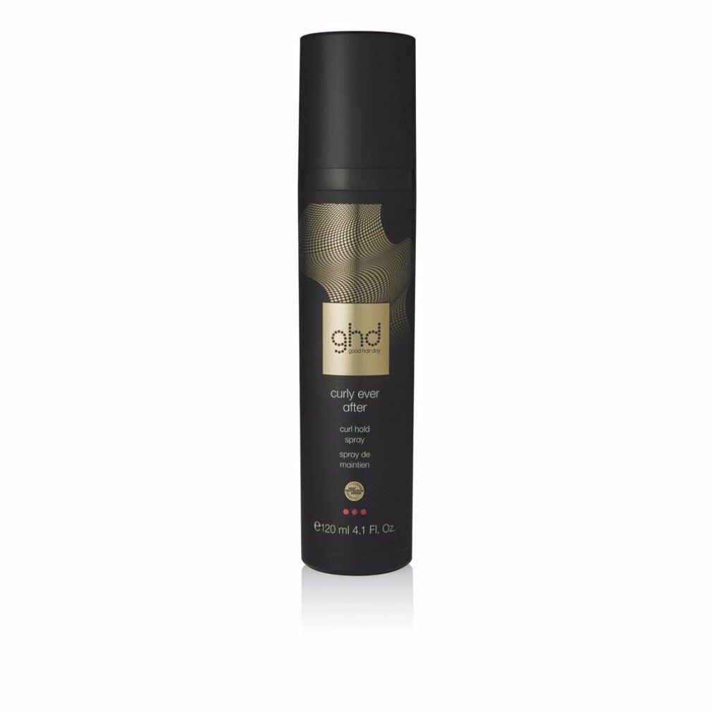 Schwarze Sprühflasche mit goldfarbenem Schriftzug "ghd curly ever after". Mit schwarzem Deckel und goldfarbenem Ring.