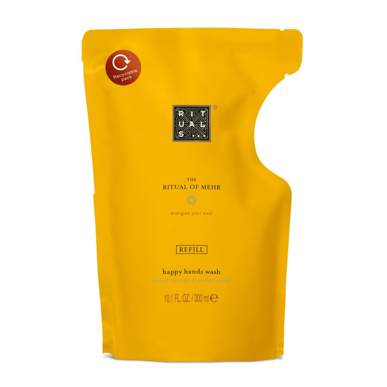 Gelbe Nachfüllpackung für Handseife. Aufschrift: Rituals, The Ritual of Mehr, Refill, happy hands wash. Mit Recycling-Symbol.