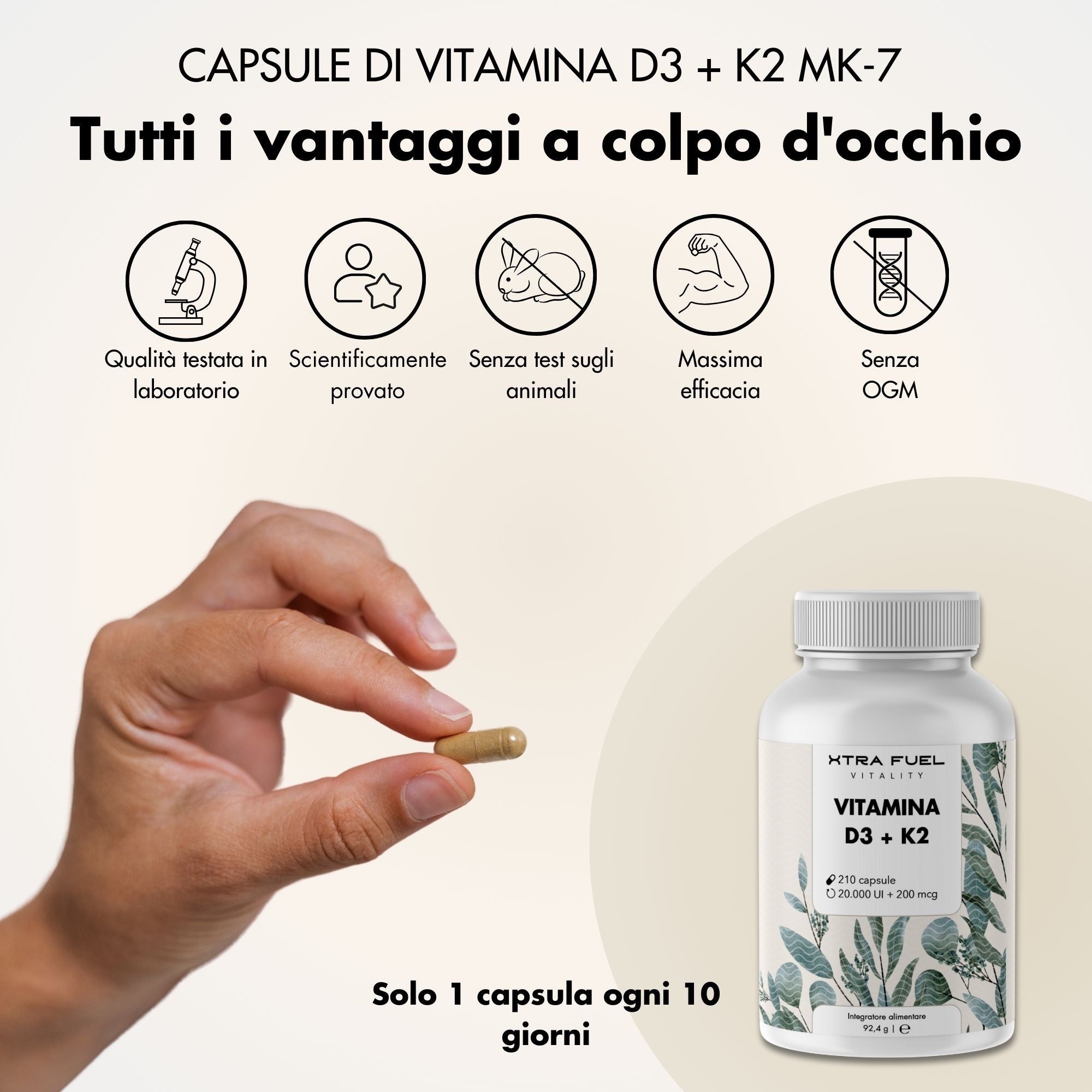 Mano che tiene una capsula. Icone: qualità testata in laboratorio, scientificamente provata, senza test sugli animali, massima efficacia, senza OGM.