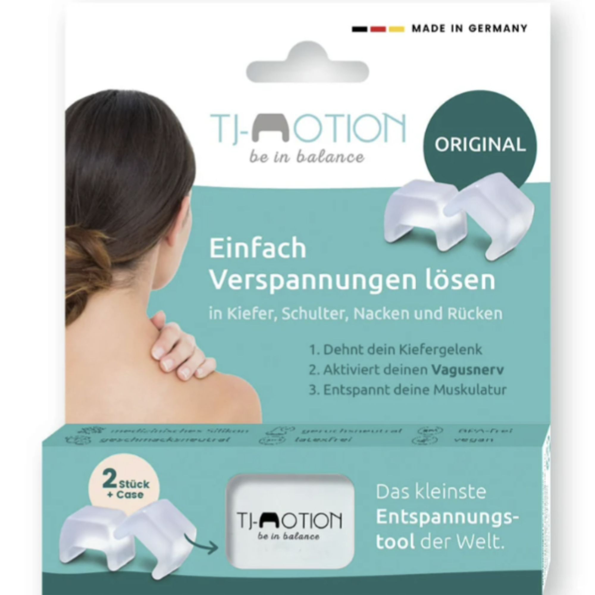 Verpackung mit zwei durchsichtigen, quadratischen Objekten mit abgerundeten Kanten. Text: TJ-MOTION be in balance, ORIGINAL.