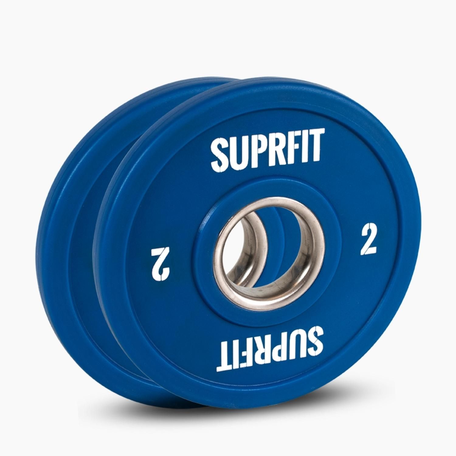 Zwei blaue Suprfit Mini Bumper Plates. Aufschrift 'SUPRFIT' und '2'. Runde Form mit silberner Innenverstärkung.