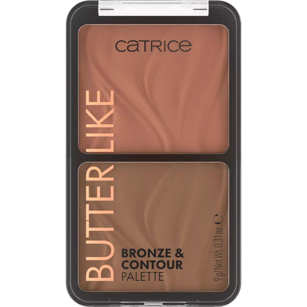 Catrice Butter Like Bronze & Contour Palette. Schwarze Palette mit zwei Farbtönen. Produktname und Marke sichtbar. 9g Netto.