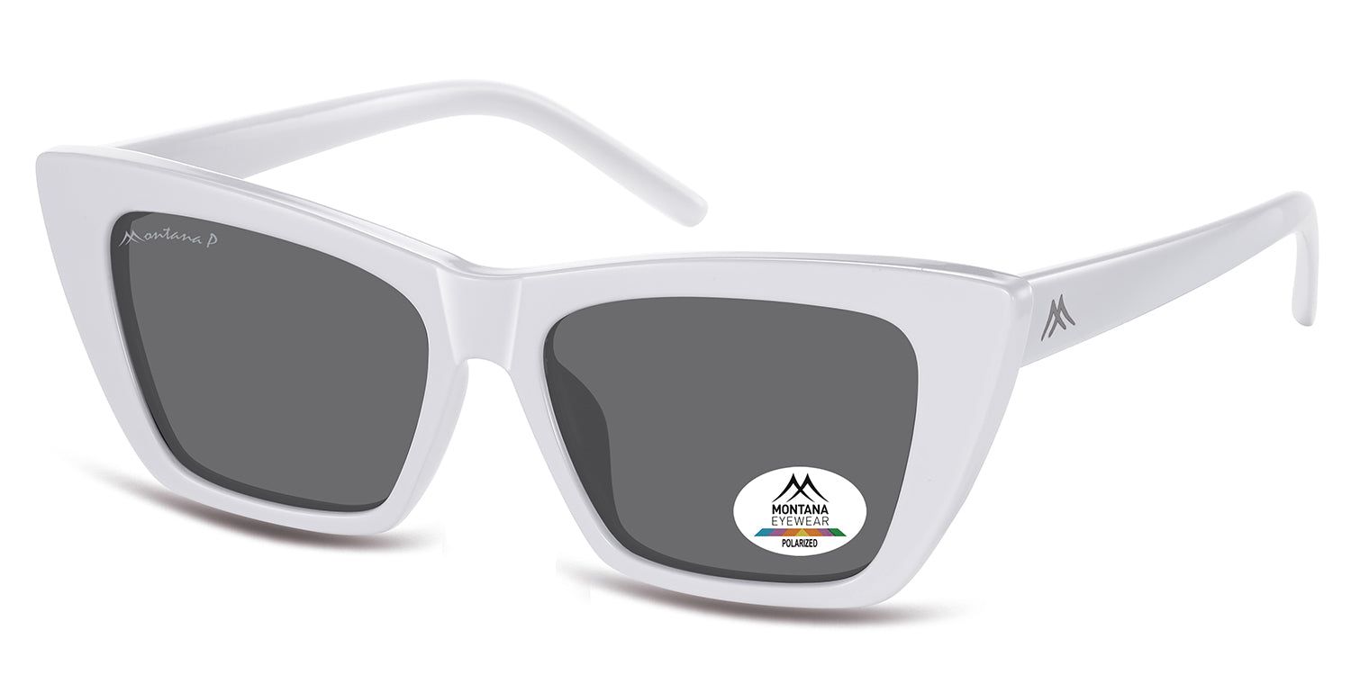 Weiße Sonnenbrille mit grauen Gläsern. Montana Eyewear Logo und Polarized-Aufkleber. Katzenaugenform.