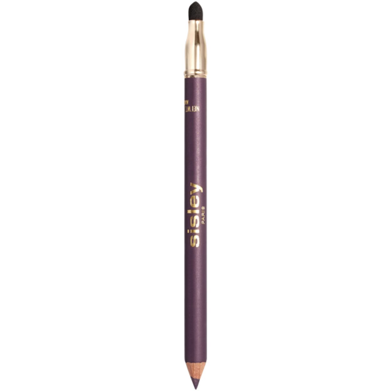Sisley Phyto-Khol Perfect Eyeliner. Dunkelvioletter Stift mit goldenen Akzenten und Schwämmchen. Marke und Produktname sind sichtbar.