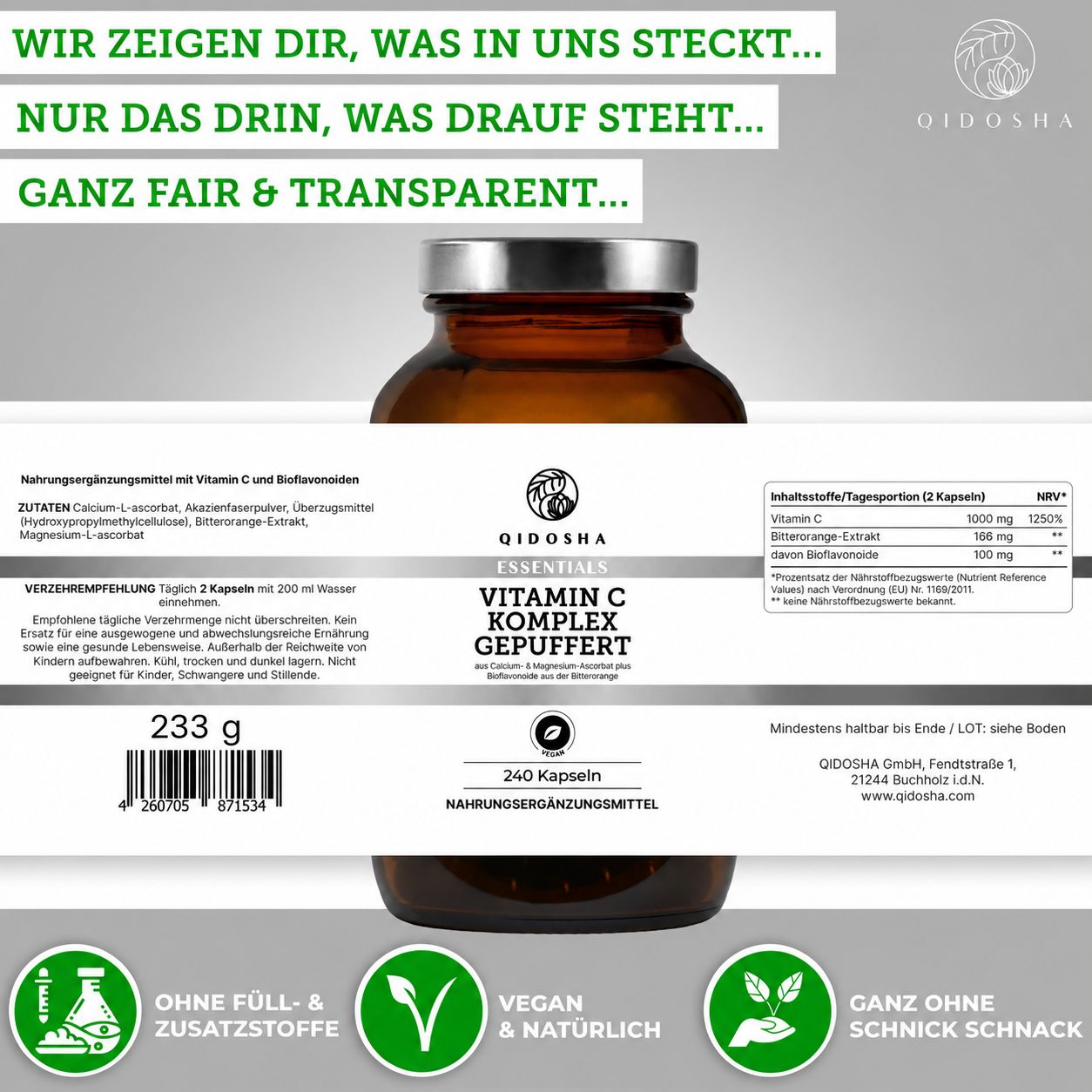 Rückseite der QIDOSHA Vitamin C Komplex Flasche mit Nährwertangaben, Inhaltsstoffen und Verzehrempfehlung.