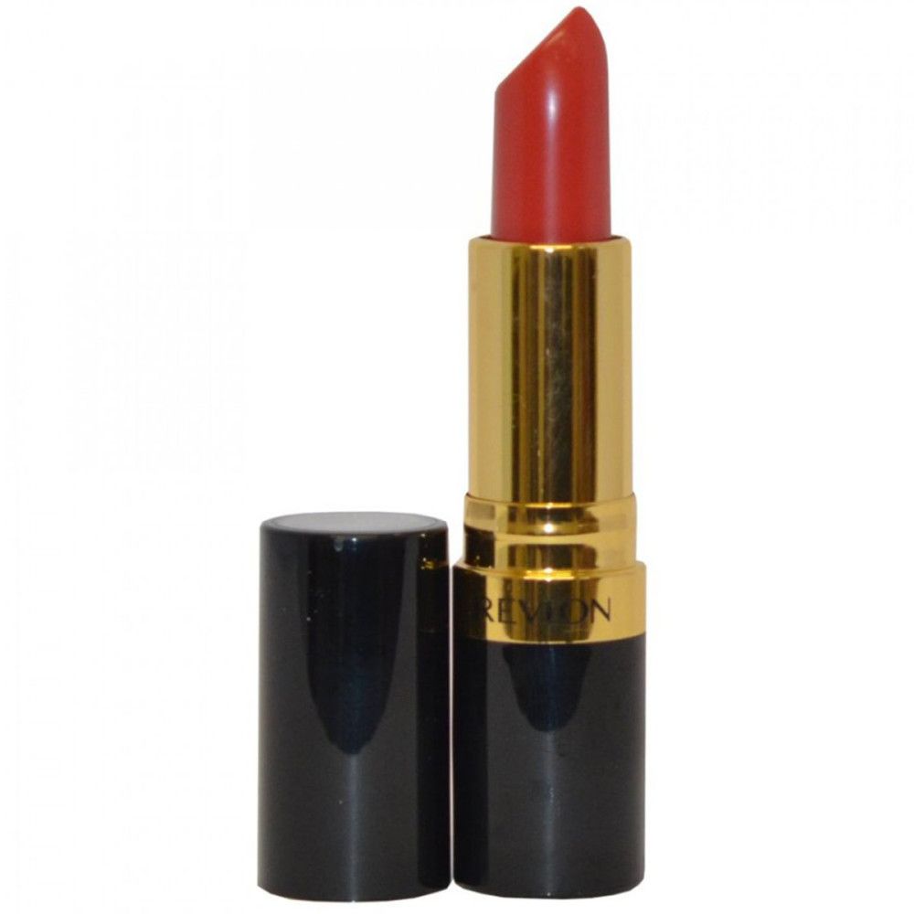 Revlon Lippenstift, rot. Goldfarbener Schaft, schwarzer Boden. Deckel daneben. Aufschrift: Revlon.