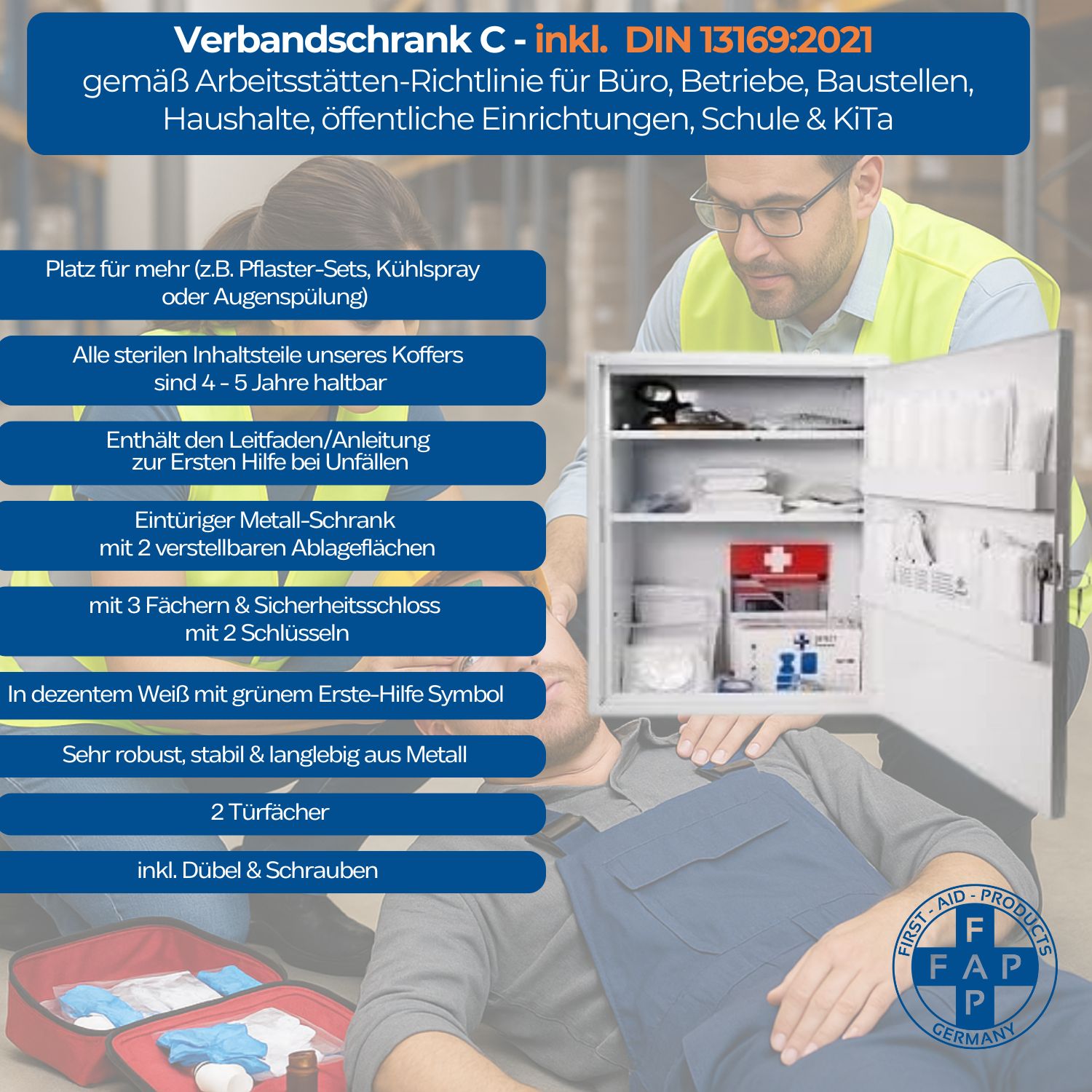 Verbandschrank mit Inhalt. Metallschrank mit 3 Fächern und 2 Schlüsseln. FAP-Logo. Erste-Hilfe-Symbol.