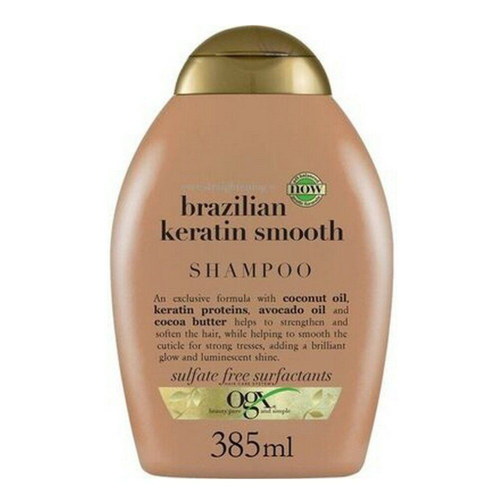 Beige Shampoo-Flasche mit goldfarbenem Deckel. Aufschrift: Brazilian Keratin Smooth Shampoo. Enthält Kokosöl, Keratinproteine, Avocadoöl.
