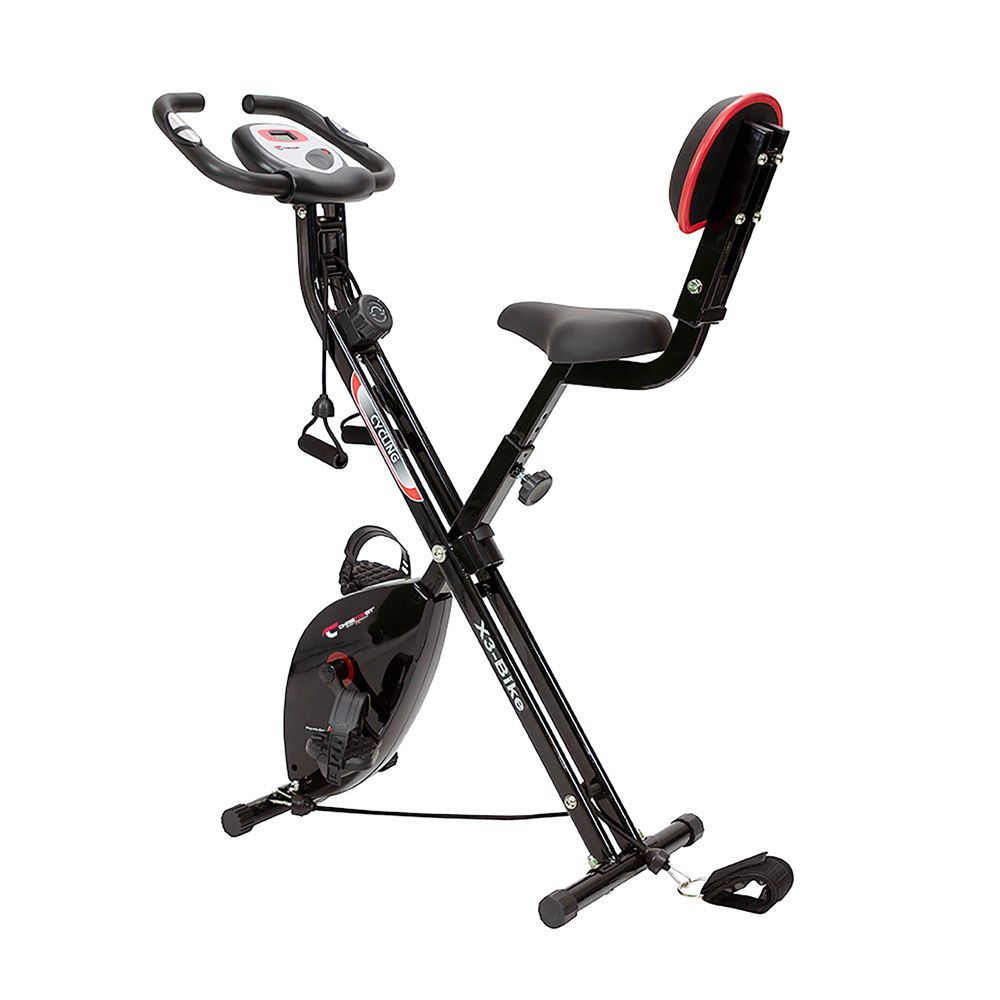 Klappheimtrainer X3-Bike, schwarz. Mit Rückenlehne, Pedalen und Trainingscomputer. Rote Akzente. Auf hellem Hintergrund.