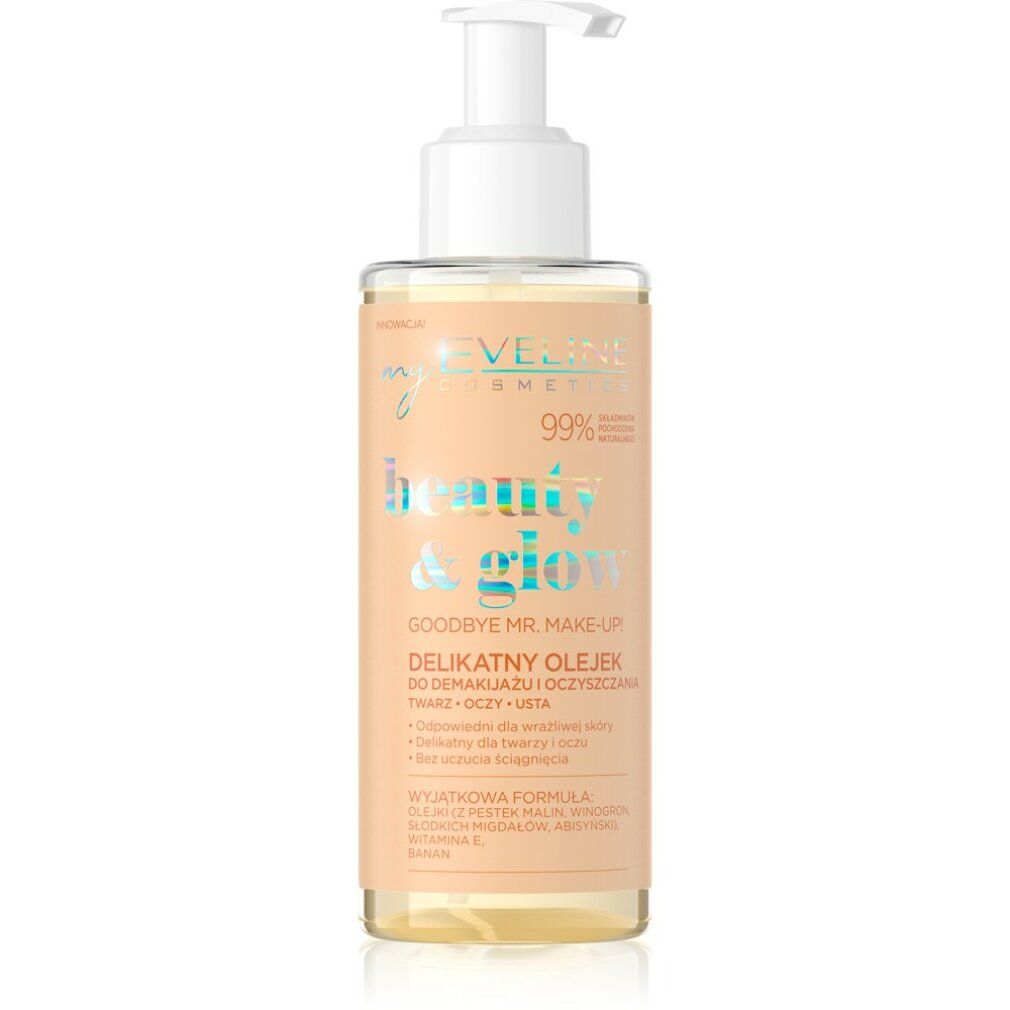 Transparente Flasche mit Pumpe. Aufschrift: Eveline Cosmetics, Beauty & Glow, Goodbye Mr. Make-up, Delikatny Olejek.