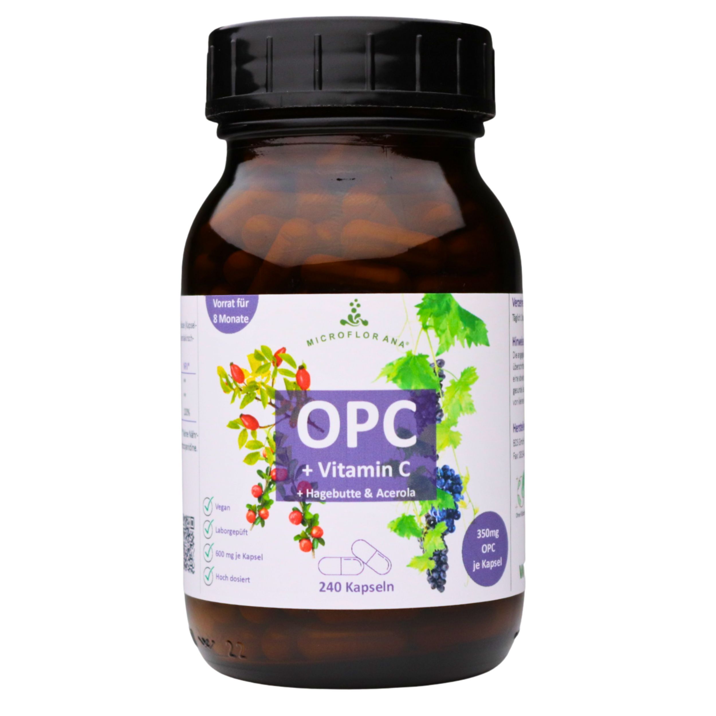 Braune Glasflasche mit Kapseln. Aufschrift: OPC + Vitamin C, Hagebutte & Acerola. 240 Kapseln.
