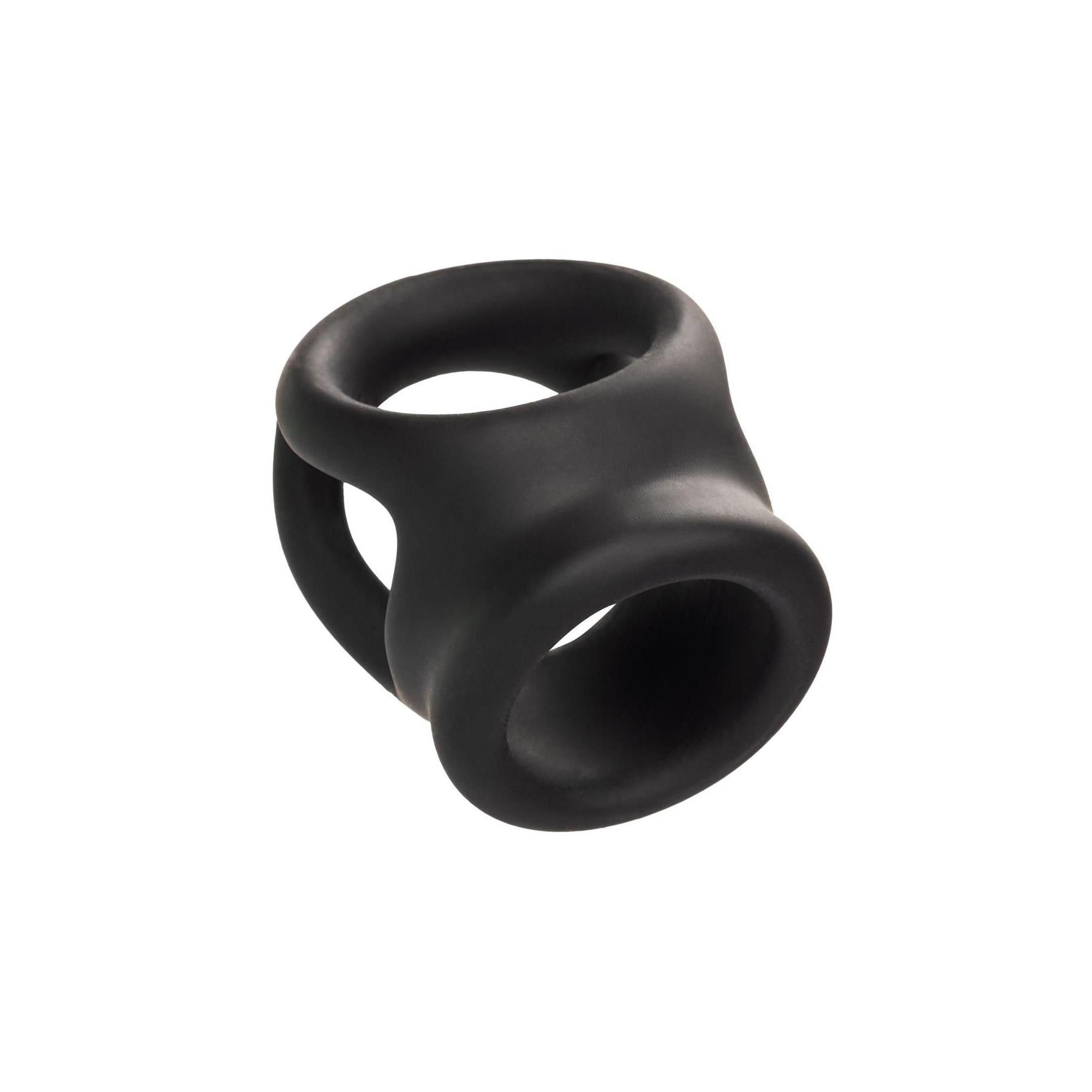 Schwarzer, doppelter Cage-Ring. Zwei Ringe sind durch einen Mittelsteg verbunden. Aus Silikon.