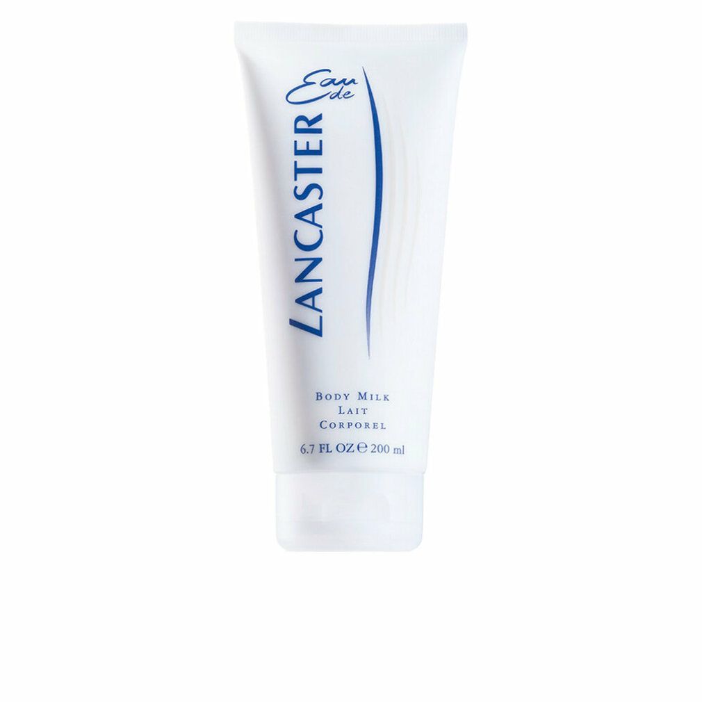 Weiße Tube mit blauer Aufschrift "Lancaster Eau de Lancaster Body Milk". Text in Englisch und Französisch. 6.7 FL OZ e 200 ml.