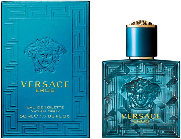 Türkisfarbener Flakon und Schachtel. Aufschrift: VERSACE EROS, Eau de Toilette, Natural Spray. Flakon mit goldenem Deckel.