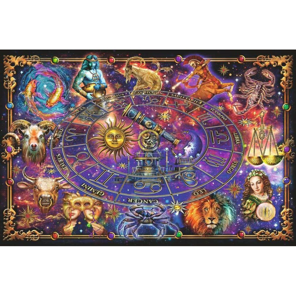 Puzzlespiel mit Sternzeichen-Motiv. Farbige Illustration mit Tierkreiszeichen, Sonne und Teleskop. Schwarzer Rahmen.