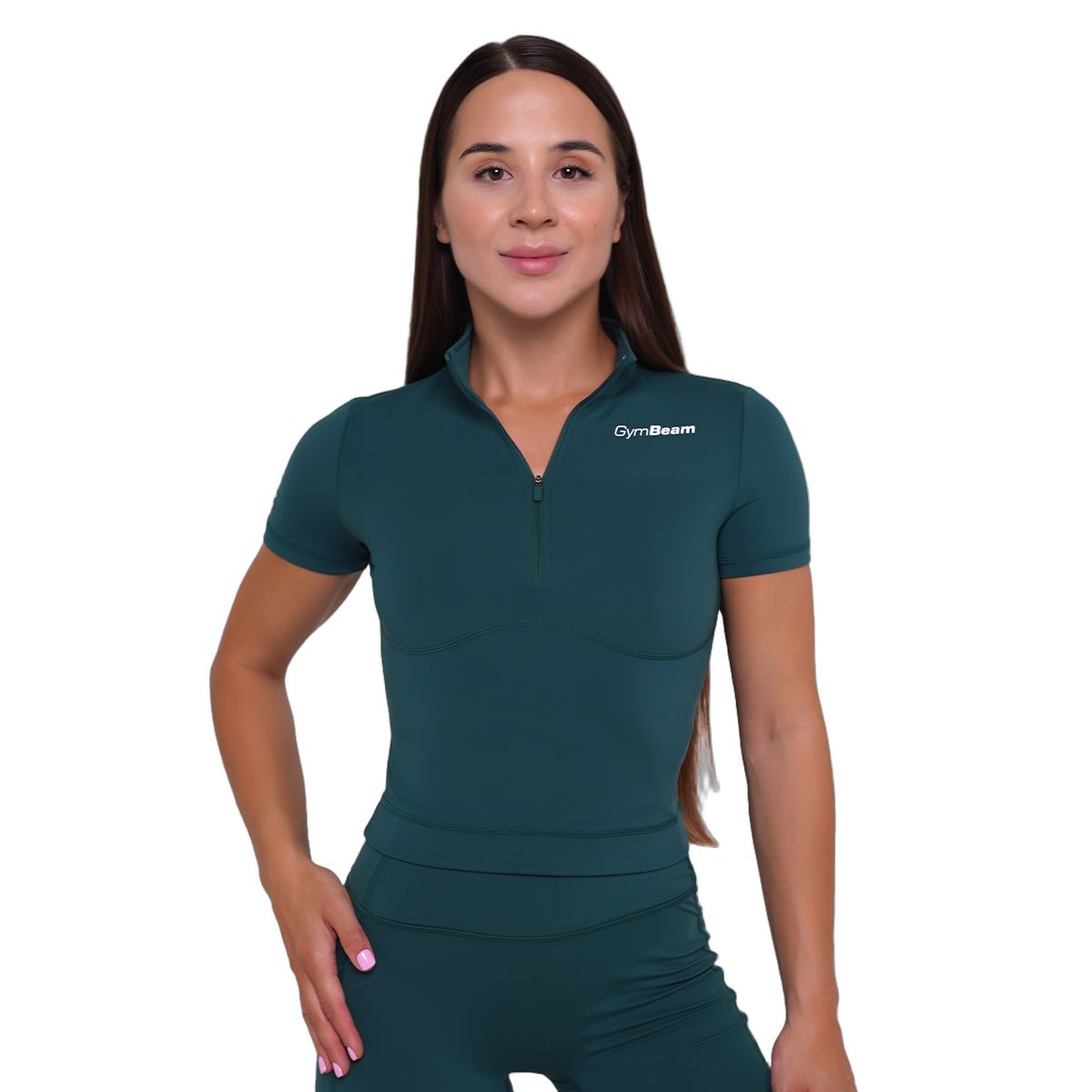 GymBeam Damen Cropped T-Shirt Ignite Slim mit Kurzarm und Kragen Dunkelgrün 1 St