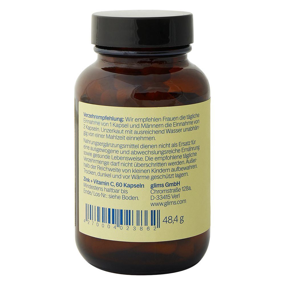 Rückseite einer braunen Glasflasche. Etikett mit Verzehrempfehlung, Inhaltsangabe und Kontaktinformationen in deutscher Sprache.